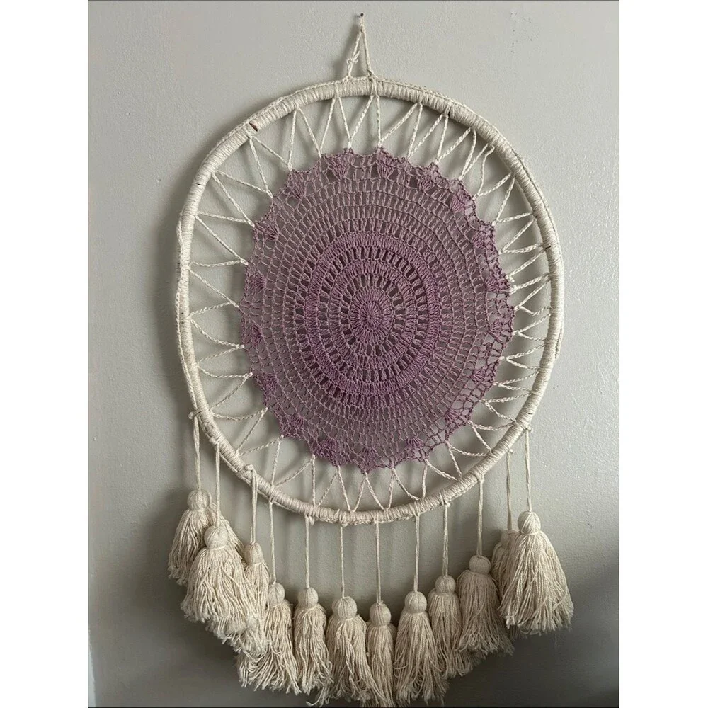 Handmade Boho Wall Hanging with Purple Crochet Center